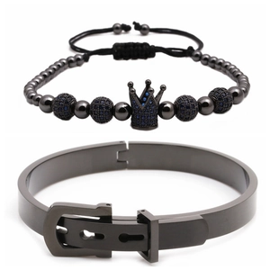 Adjustable dark grey stainless steel crown bead bracelet and buckle bangle set for men