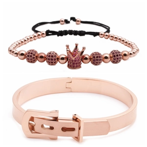 Detail of rose gold crown beaded bracelet and buckle bangle set with cubic zirconia
