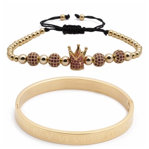 Roman Numeral Stainless Steel Bangle And Crown Zircon Beaded Bracelet Fashion Jewelry For Men Women Adjustable