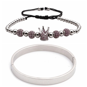 Roman numeral stainless steel bangle and crown bead bracelet set for men in silver finish