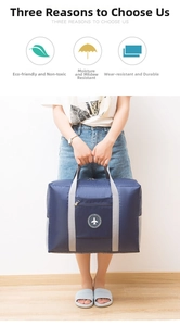 Macro shot of durable navy blue travel bag featuring a white circular airplane logo