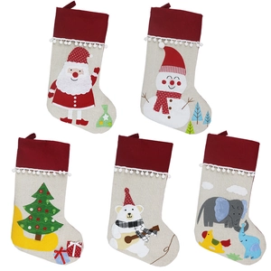 Set of 5 Christmas stockings with linen texture and festive holiday character patterns