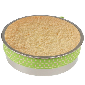 Detail view of a bake even strip with pink flower pattern on a round metal cake pan