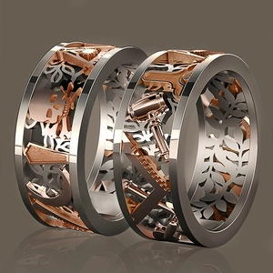 Anello In Rame Svuotato Bicolore Simboli Massonici Teschio Intagliato Fascia Gothic Punk Per Uomo