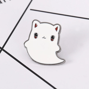 Cute white ghost cat enamel pin made of metal alloy with fine silver borders