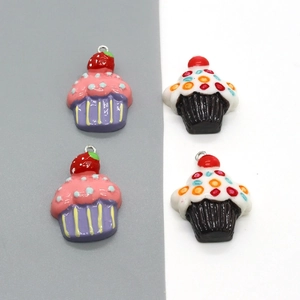 Resin fruit cupcake pendants featuring strawberry and cherry details for DIY jewelry making