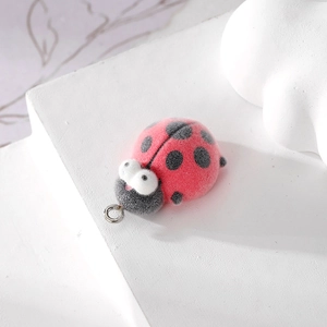 Red flocked ladybug animal pendant with metal ring for DIY jewelry and keychains