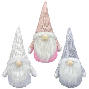 Three Nordic Christmas gnomes set with sequin hats in pink, white and grey colors
