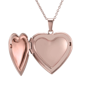 Polished rose gold heart locket necklace with open photo compartment and fine metal chain