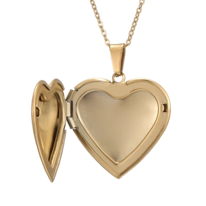 Detailed view of open heart-shaped gold locket necklace pendant on white background