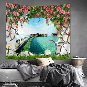 Detailed ocean view faux window tapestry with pink roses and sea landscape scene