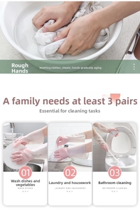 Three pairs of pink waterproof latex gloves for kitchen, laundry, and bathroom cleaning tasks