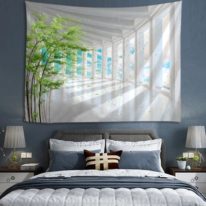Landscape wall tapestry with 3D window view of garden and architecture for bedroom decor