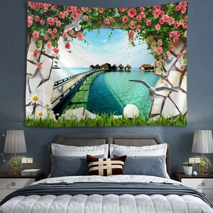 Tropical landscape wall tapestry with sea view, stone arch, and pink flowers