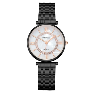 Women's quartz watch with black metal strap, white shell dial and sparkling rhinestones