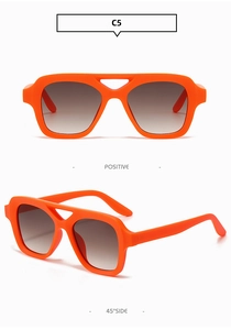 Front and 45-degree side view of orange double-bridge square sunglasses with brown lenses