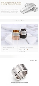 Detailed chart showing 12mm stainless steel spinner rings in silver, black and rose gold