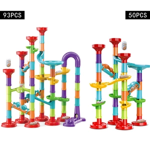 93 and 50 piece educational marble run toy sets with colorful blocks and chutes