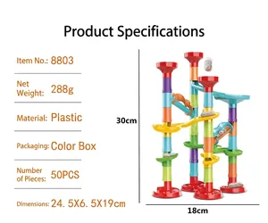Detailed 50-piece marble run toy set specifications and dimensions of 30x18cm