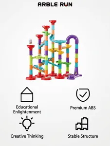 Detailed view of durable ABS plastic marble run tracks with multi-color funnel components
