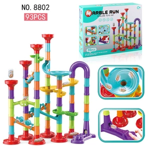 Detailed view of 93-piece colorful marble run toy set with packaging box and track details