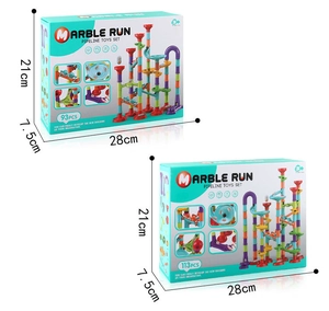 Detailed packaging dimensions for 93 and 113 piece marble run educational toy sets