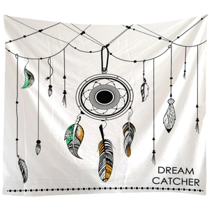 Modern white dreamcatcher tapestry with colorful feathers and Dream Catcher typography