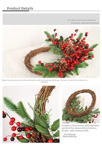 Detail of Christmas wreath with natural pine cones, red berries and lush green pine needles