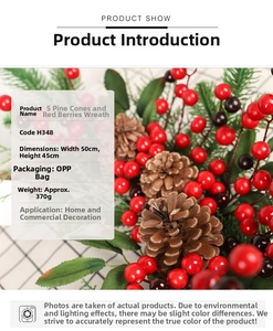 Detail view of 50cm Christmas half-wreath with red berries, pine cones and pine needles