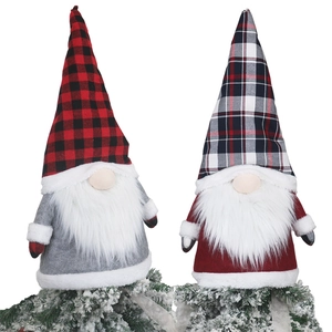 Christmas gnome tree topper set with red plaid hats and faux fur beards for home decor