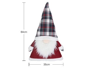 Detailed view of a 64cm tall red gnome Christmas tree topper with dimensions and texture