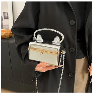 Detail of silver mirror acrylic bag with lion head relief handle and gold clasp