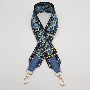 Adjustable canvas shoulder strap with vintage paisley pattern and golden metal buckles