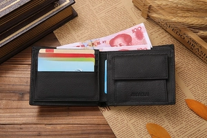 Detailed view of men's leather bifold wallet featuring card slots and coin pocket on desk