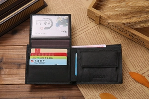Short genuine leather bi-fold men's wallet featuring coin pocket and multi-card slots