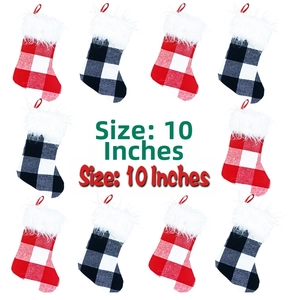 Detail view of 10-inch plaid Christmas stockings with plush trim and hanging loop