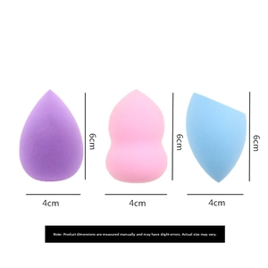Size chart showing 6cm height and 4cm width for teardrop, gourd, and slanted makeup sponges