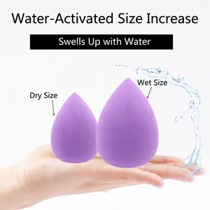 3-pack purple makeup sponge set showing expansion when wet for flawless foundation
