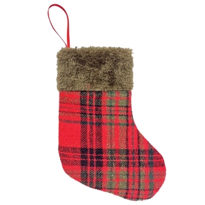 Classic plaid Christmas stocking with brown faux fur trim and red hanging ribbon loop