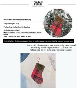 Detail of red and black plaid Christmas stocking with plush trim and size specifications
