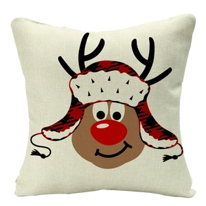 Linen Christmas pillowcase featuring a cartoon reindeer with a red and black plaid hat