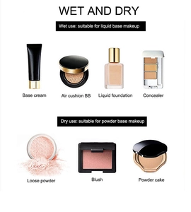 Infographic showing wet and dry use guide for non-latex beauty sponges and makeup blenders