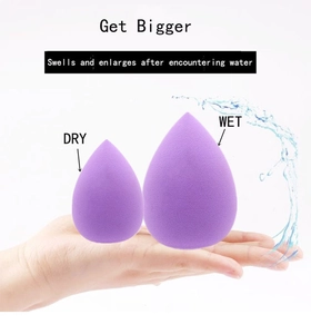 Detailed comparison showing purple makeup sponge expanding from dry to wet size