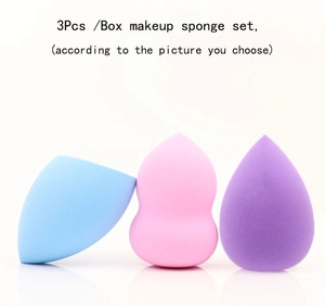 Three-piece makeup sponge set with blue oblique cut, pink gourd, and purple teardrop shapes