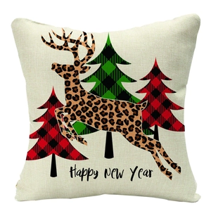 Linen Christmas pillow case with leopard reindeer and plaid trees detail