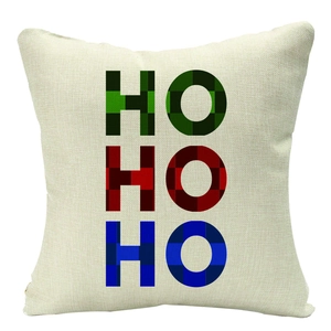 Detail of linen Christmas pillowcase with HO HO HO plaid text and invisible zipper