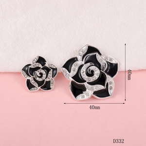 Sparkling camellia floral DIY charms with rhinestones and black enamel in two sizes