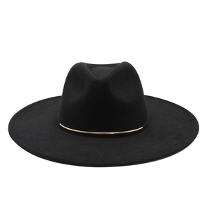 Classic black wide-brim wool fedora hat featuring a minimalist gold curved metal buckle trim