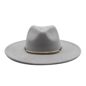 Detailed view of grey wool fedora hat featuring minimalist golden buckle trim detail