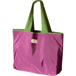 Eco-friendly large purple nylon tote bag with green handles and lightweight foldable design